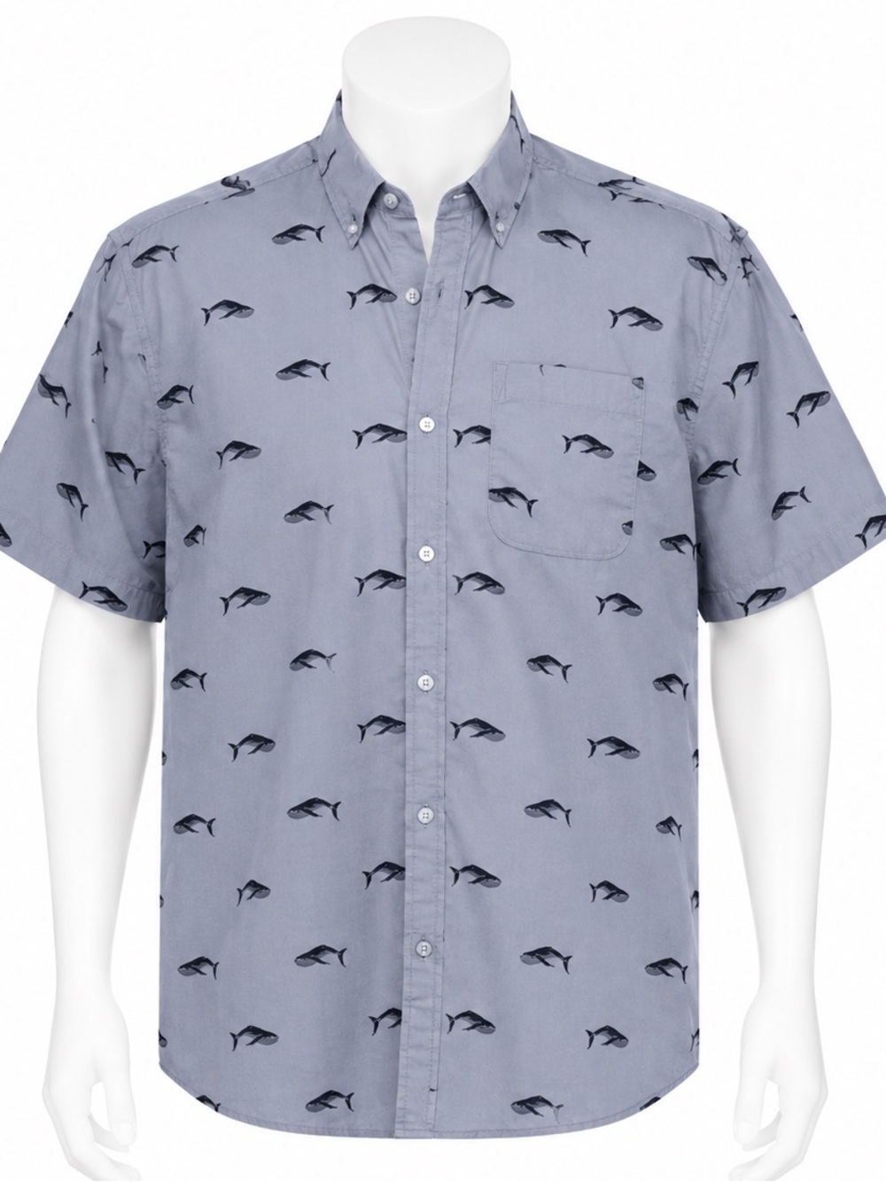 ARTISTRY IN MOTION men’s Hawaiian shirt, size medium, grays/Navy blue whales.